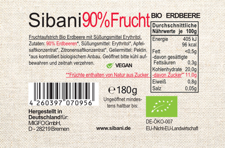 6x Sibani BIO 90% Fruchtaufstrich, Erdbeere, mit Erythrit* gesüßt, 180g