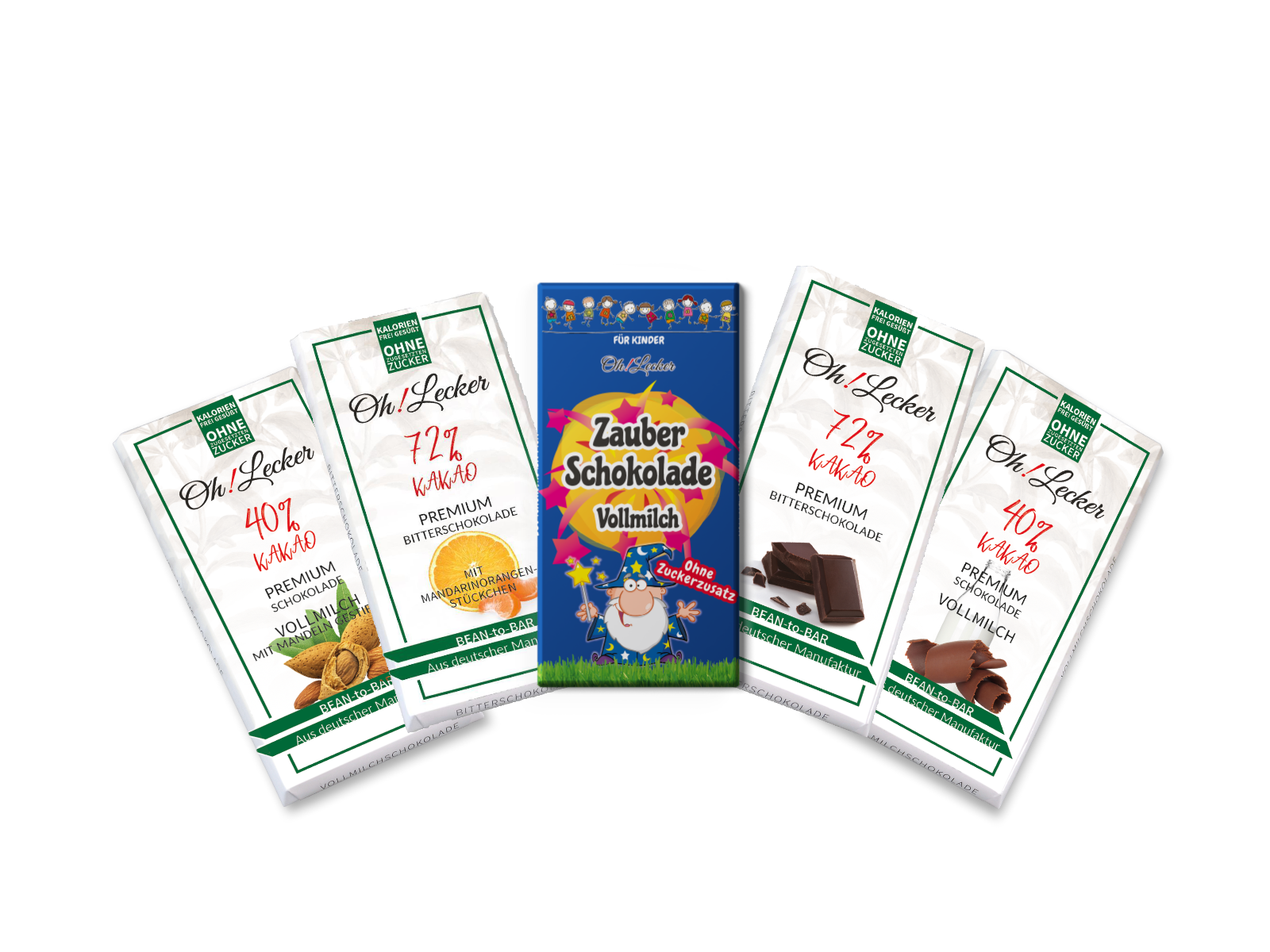 Familienpaket - 4 + 1 für Erwachsene und Kinder - Oh! Lecker Stevia* Schokoladen (Zauberschokolade und 4 Sorten Vollmilch/Edel Bitter)