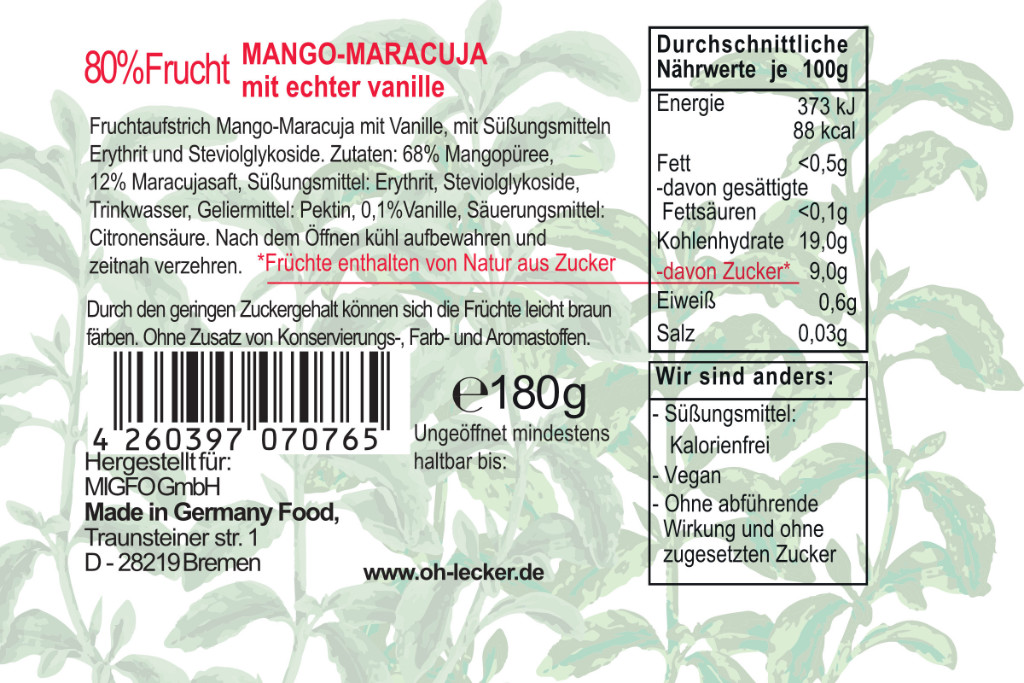 2 x Oh! Lecker 80% Stevia* Fruchtaufstrich, Mango-Maracuja, 180 g