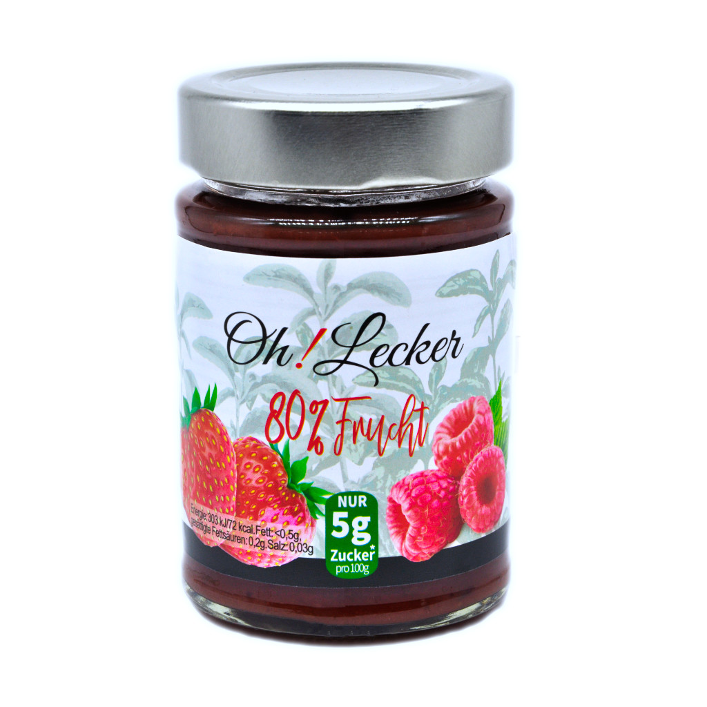 Oh! Lecker 80% Stevia* Fruchtaufstrich, Erdbeere-Himbeere, 180 g