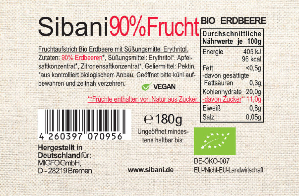 Sibani BIO 90% Fruchtaufstrich, Erdbeere, mit Erythrit* gesüßt, 180g