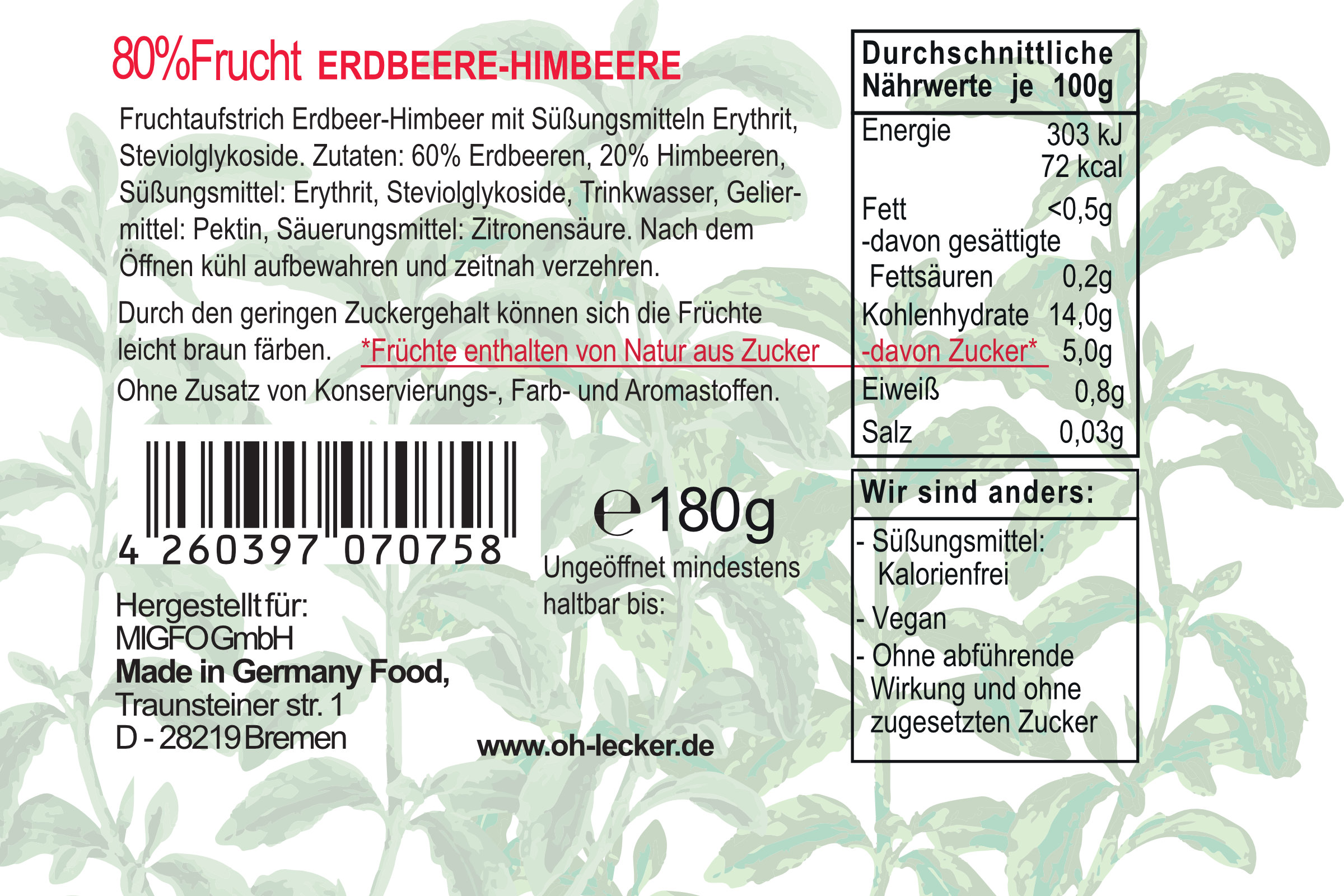2 x Oh! Lecker 80% Stevia* Fruchtaufstrich, Erdbeere-Himbeere, 180 g