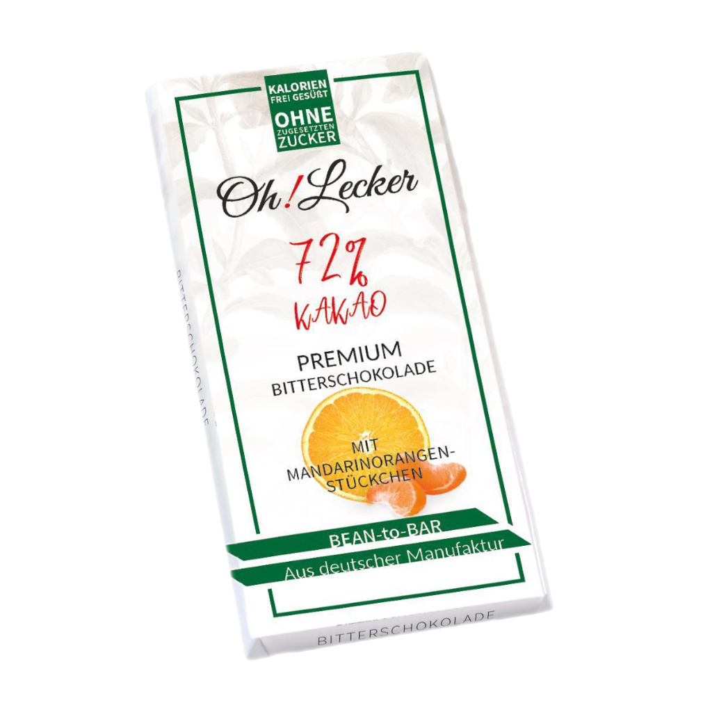 Oh Lecker Stevia* Bitterschokolade mit Mandarin-Orangenstückchen, 72% Kakao, 80g