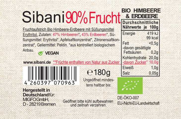 2x Sibani BIO 90% Fruchtaufstrich, Himbeere-Erdbeere, mit Bio-Erythrit, 180g