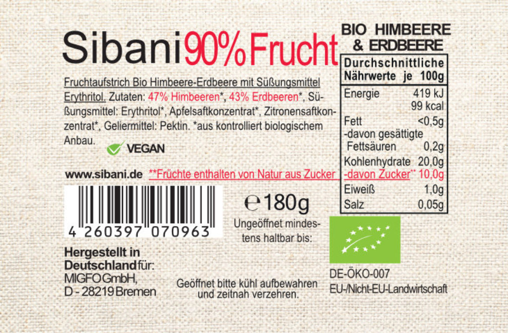*Ich bin noch gut* Sibani Bio 90% Fruchtaufstrich, mit Erythrit* gesüßt, Himbeere-Erdbeere, 180 g