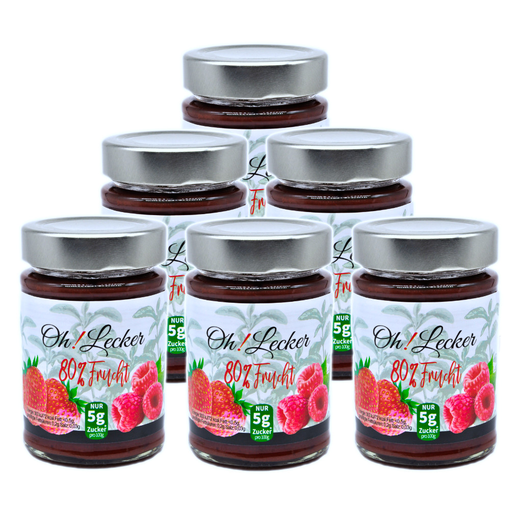6 x Oh! Lecker 80% Stevia* Fruchtaufstrich, Erdbeere-Himbeere, 180 g