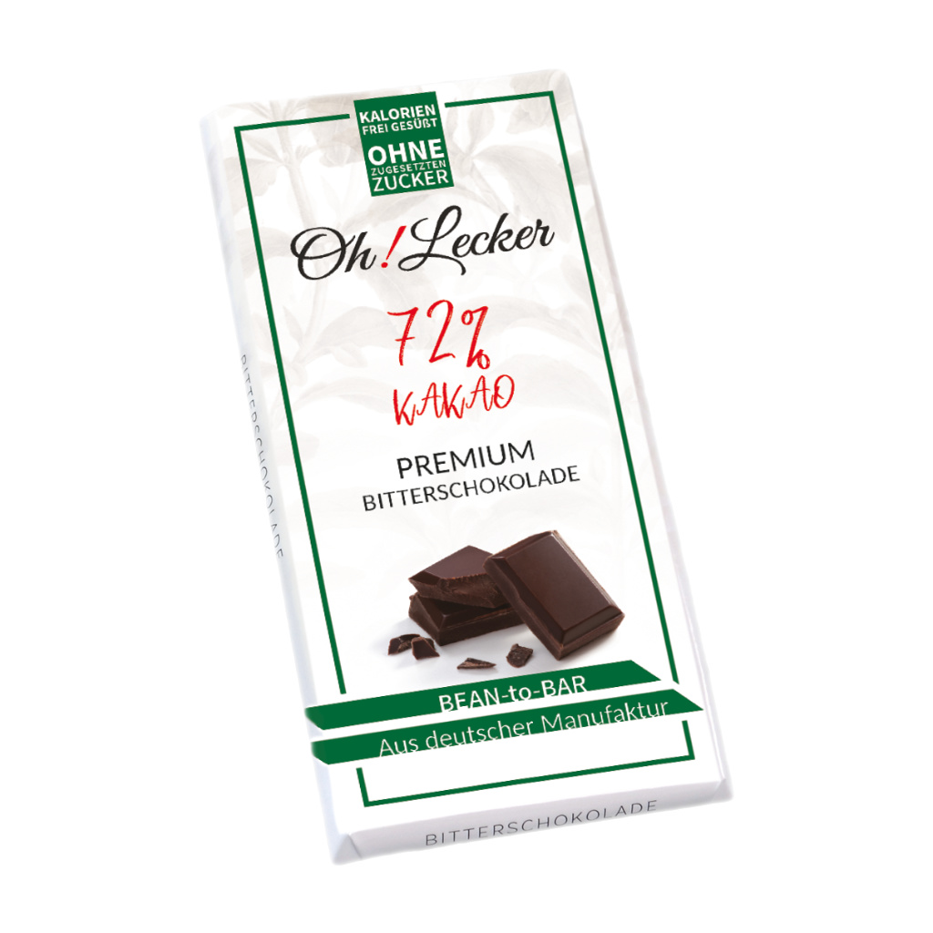 4 x Oh! Lecker Stevia* Bitterschokolade, 72% Kakao, 80g