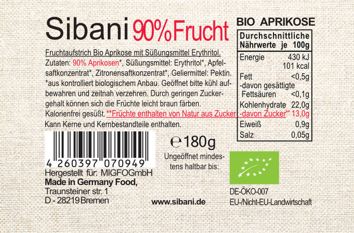 6x Sibani Bio 90% Fruchtaufstrich, Aprikose, mit Bio-Erythrit, 180g